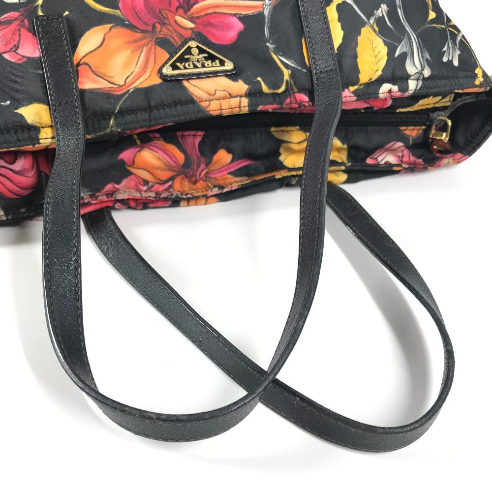PRADA Floral Triangle Logo Plaque Handbag/Shoulder Bag/Tote Bag in Leather/Nylon, Black