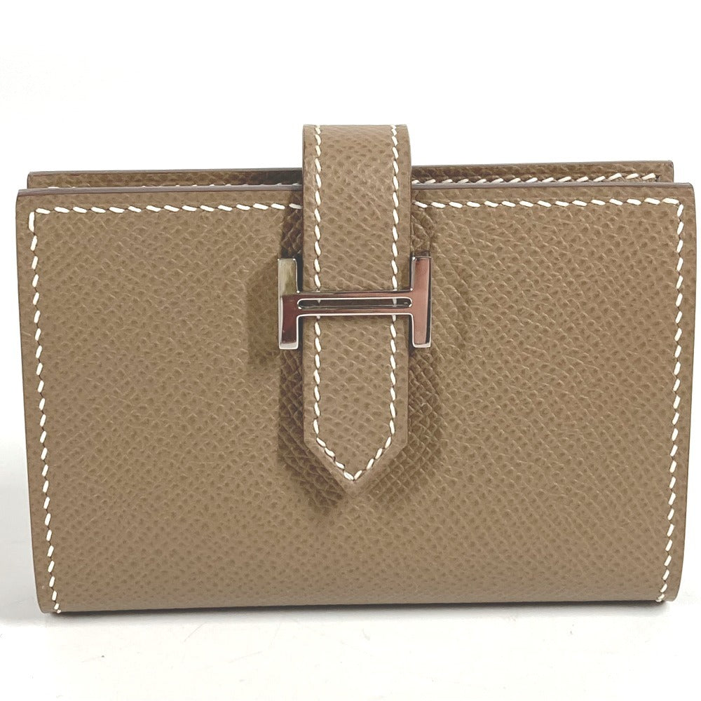 HERMES Bearn H Logo Business Card Case, Pass Case, Bifold Card Case, Leather, Unisex, Etoupe, Beige