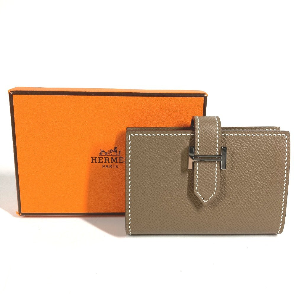 HERMES Bearn H Logo Business Card Case, Pass Case, Bifold Card Case, Leather, Unisex, Etoupe, Beige