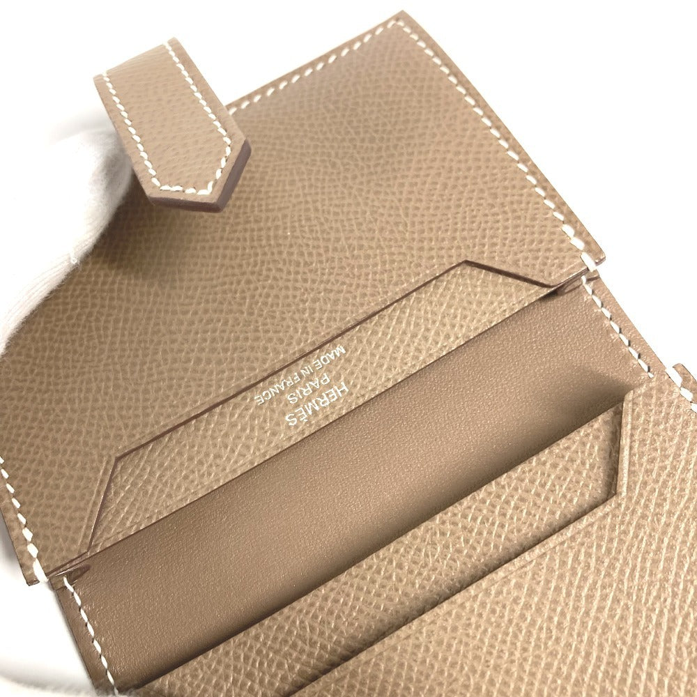 HERMES Bearn H Logo Business Card Case, Pass Case, Bifold Card Case, Leather, Unisex, Etoupe, Beige