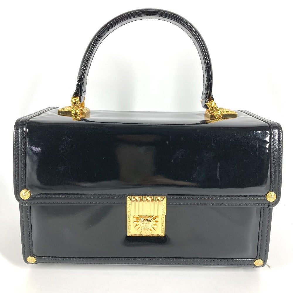 VERSACE ヴィンテージ サンバースト ロゴ バニティバッグ カバン バニティ フラップ ハンドバッグ パテントレザー ユニセックス ブラック