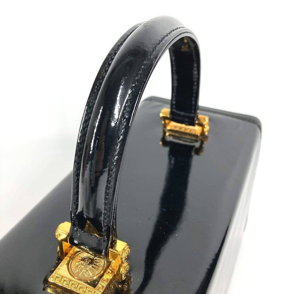 VERSACE ヴィンテージ サンバースト ロゴ バニティバッグ カバン バニティ フラップ ハンドバッグ パテントレザー ユニセックス ブラック