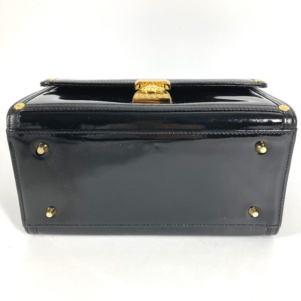 VERSACE ヴィンテージ サンバースト ロゴ バニティバッグ カバン バニティ フラップ ハンドバッグ パテントレザー ユニセックス ブラック