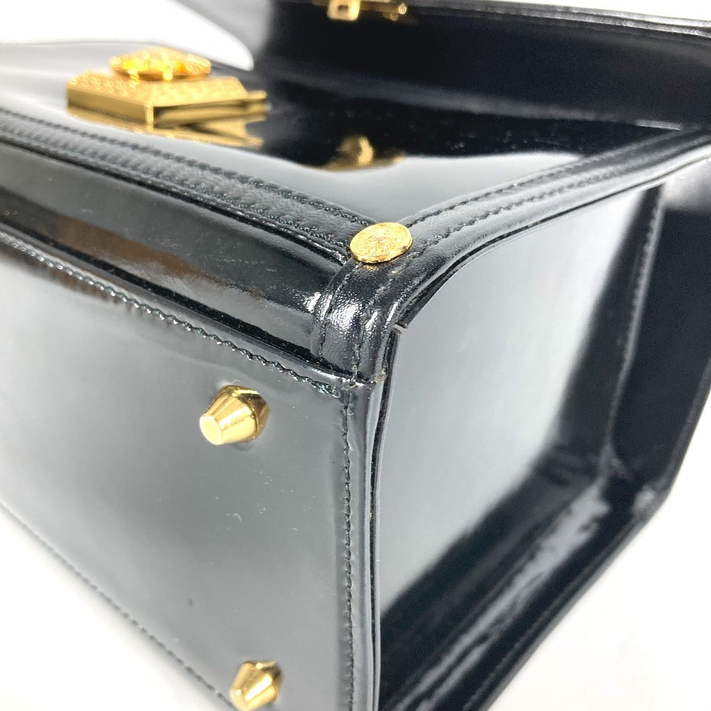 VERSACE ヴィンテージ サンバースト ロゴ バニティバッグ カバン バニティ フラップ ハンドバッグ パテントレザー ユニセックス ブラック