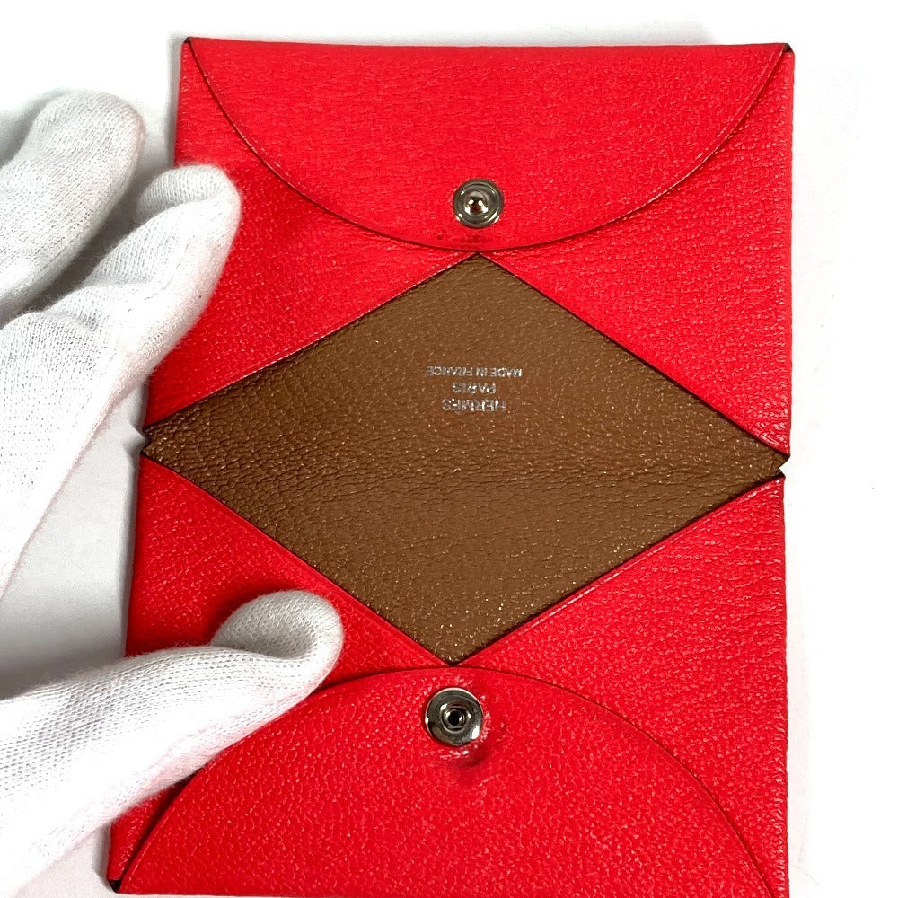 HERMES Coin Purse, Wallet, Calvi Verso Bicolor, Small Item, Bi-fold, Business Card Holder, Pass Case, Card Case, Chevre Leather, Unisex, Red