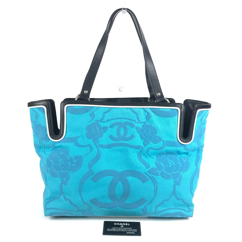 CHANEL ヴィンテージ ロゴ CC ココマーク カメリア カバン トートバッグ 肩掛け バイカラー ショルダーバッグ レザー/キャンバス レディース ブルー