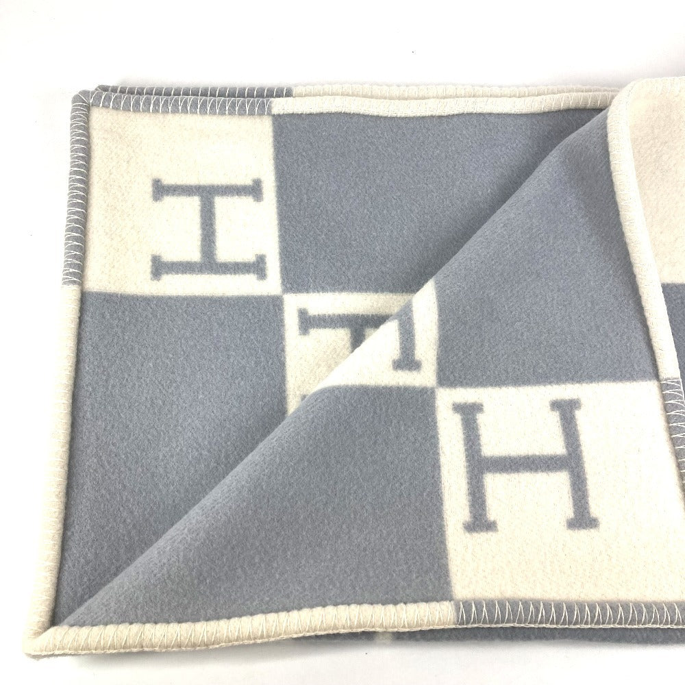 HERMES Avalon Plaid Logo Goods Blanket Interior Lap Blanket Plaid Blanket Wool/Cashmere Unisex Blue