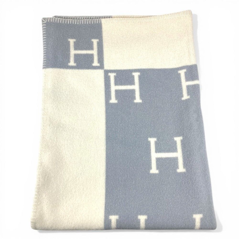 HERMES Avalon Plaid Logo Goods Blanket Interior Lap Blanket Plaid Blanket Wool/Cashmere Unisex Blue
