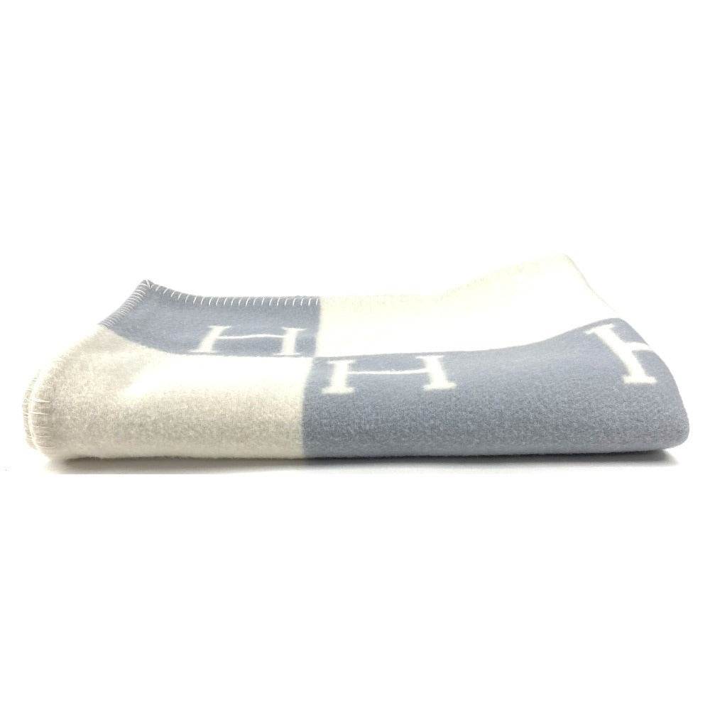 HERMES Avalon Plaid Logo Goods Blanket Interior Lap Blanket Plaid Blanket Wool/Cashmere Unisex Blue