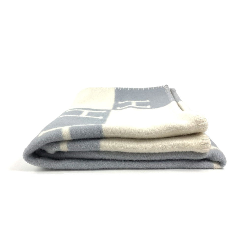 HERMES Avalon Plaid Logo Goods Blanket Interior Lap Blanket Plaid Blanket Wool/Cashmere Unisex Blue
