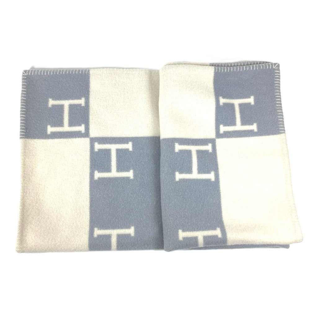 HERMES Avalon Plaid Logo Goods Blanket Interior Lap Blanket Plaid Blanket Wool/Cashmere Unisex Blue