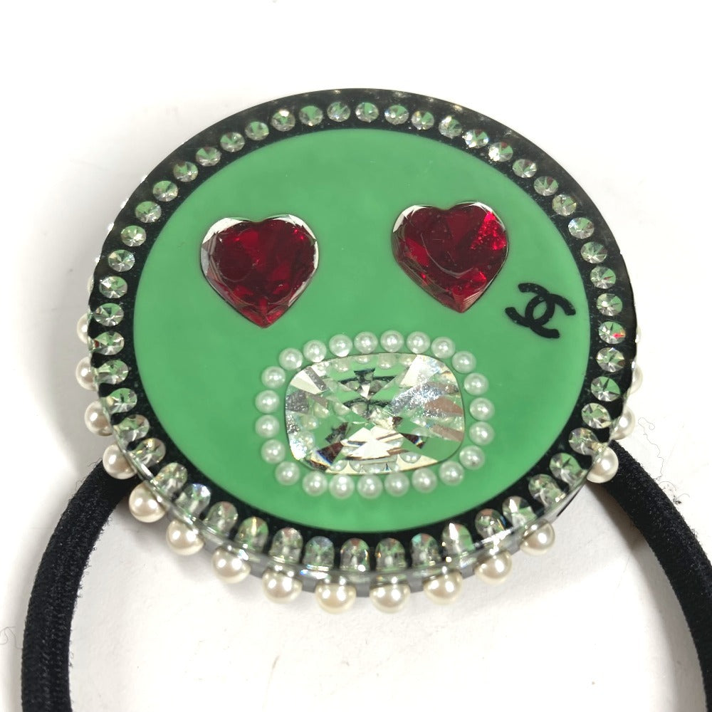 CHANEL 16K Heart CC Coco Mark Logo Hair Accessory Faux Pearl Hair Tie Plastic Unisex Black