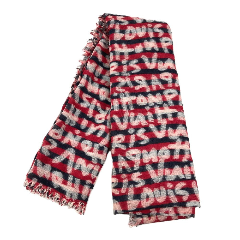 LOUIS VUITTON Graffiti Logo Stole Fringe Shawl Wool Unisex Red