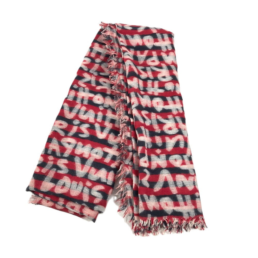 LOUIS VUITTON Graffiti Logo Stole Fringe Shawl Wool Unisex Red