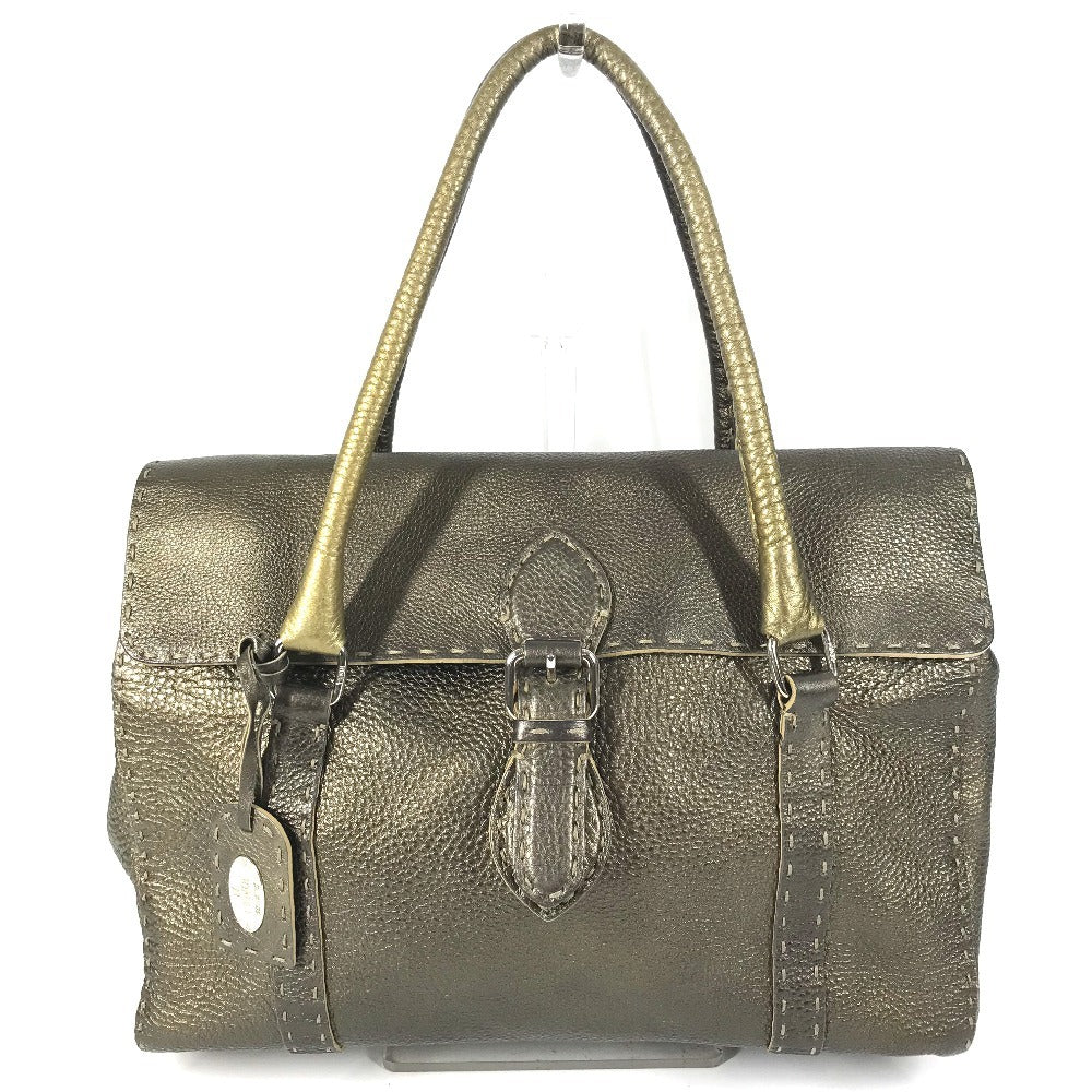 FENDI Selleria Stitch Bag Tote Bag Flap Handbag Leather Unisex Metallic Gold