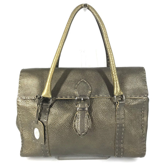 FENDI Selleria Stitch Bag Tote Bag Flap Handbag Leather Unisex Metallic Gold