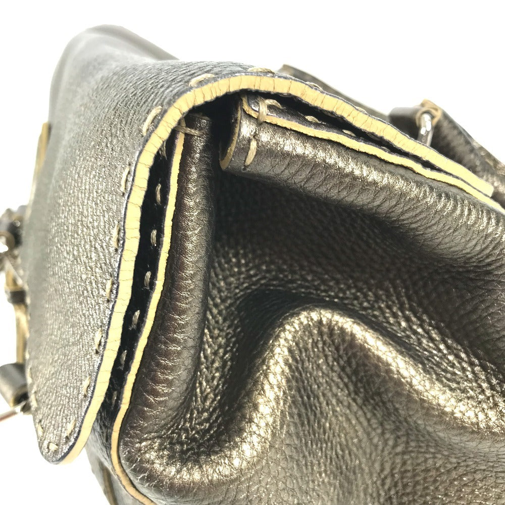 FENDI Selleria Stitch Bag Tote Bag Flap Handbag Leather Unisex Metallic Gold