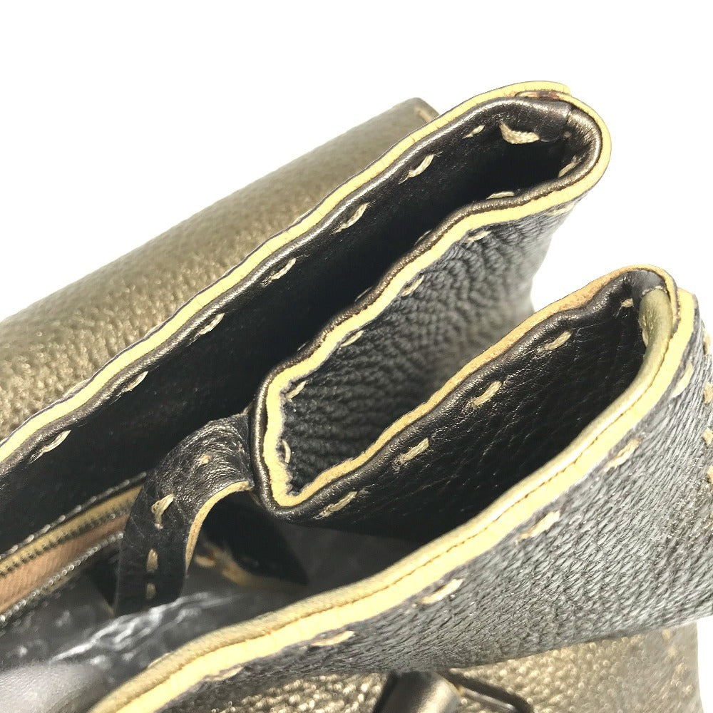 FENDI Selleria Stitch Bag Tote Bag Flap Handbag Leather Unisex Metallic Gold