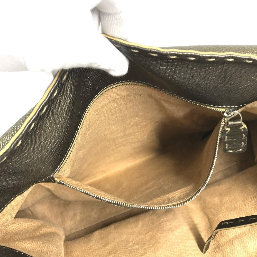 FENDI Selleria Stitch Bag Tote Bag Flap Handbag Leather Unisex Metallic Gold