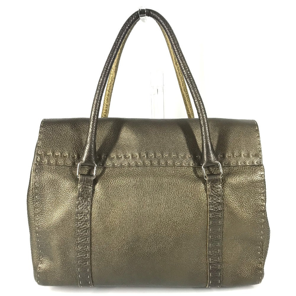 FENDI Selleria Stitch Bag Tote Bag Flap Handbag Leather Unisex Metallic Gold