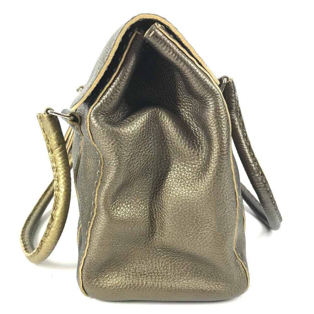 FENDI Selleria Stitch Bag Tote Bag Flap Handbag Leather Unisex Metallic Gold