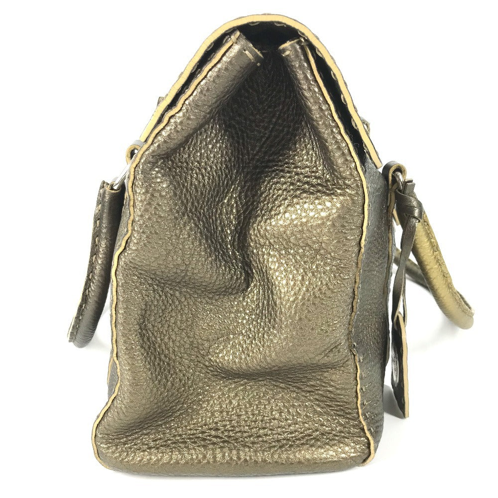 FENDI Selleria Stitch Bag Tote Bag Flap Handbag Leather Unisex Metallic Gold