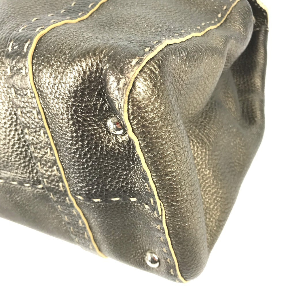 FENDI Selleria Stitch Bag Tote Bag Flap Handbag Leather Unisex Metallic Gold