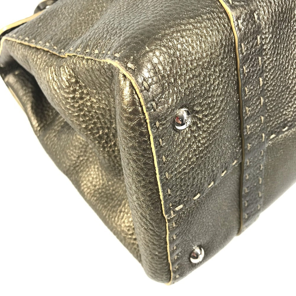 FENDI Selleria Stitch Bag Tote Bag Flap Handbag Leather Unisex Metallic Gold