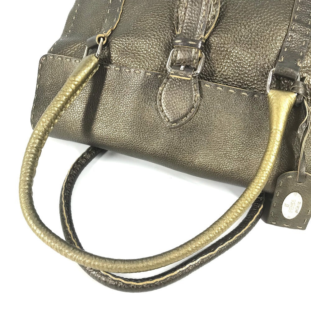 FENDI Selleria Stitch Bag Tote Bag Flap Handbag Leather Unisex Metallic Gold