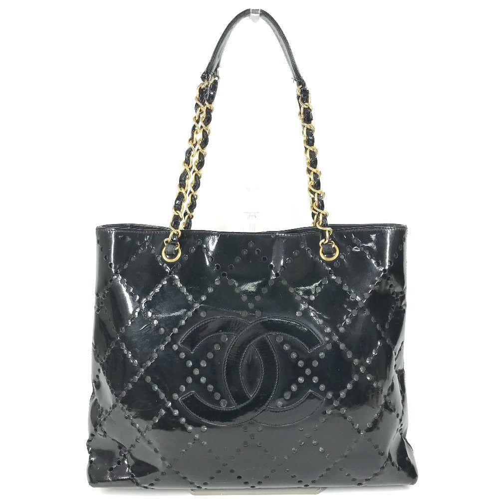 CHANEL チェーンバッグ CC ロゴ キルティング ココマーク パンチング トートバッグ カバン 肩掛け Wチェーン ショルダーバッグ エナメル ユニセックス ブラック