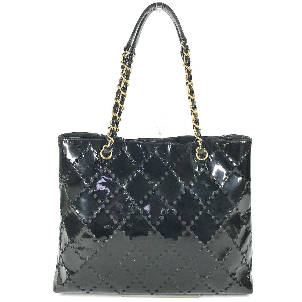 CHANEL チェーンバッグ CC ロゴ キルティング ココマーク パンチング トートバッグ カバン 肩掛け Wチェーン ショルダーバッグ エナメル ユニセックス ブラック