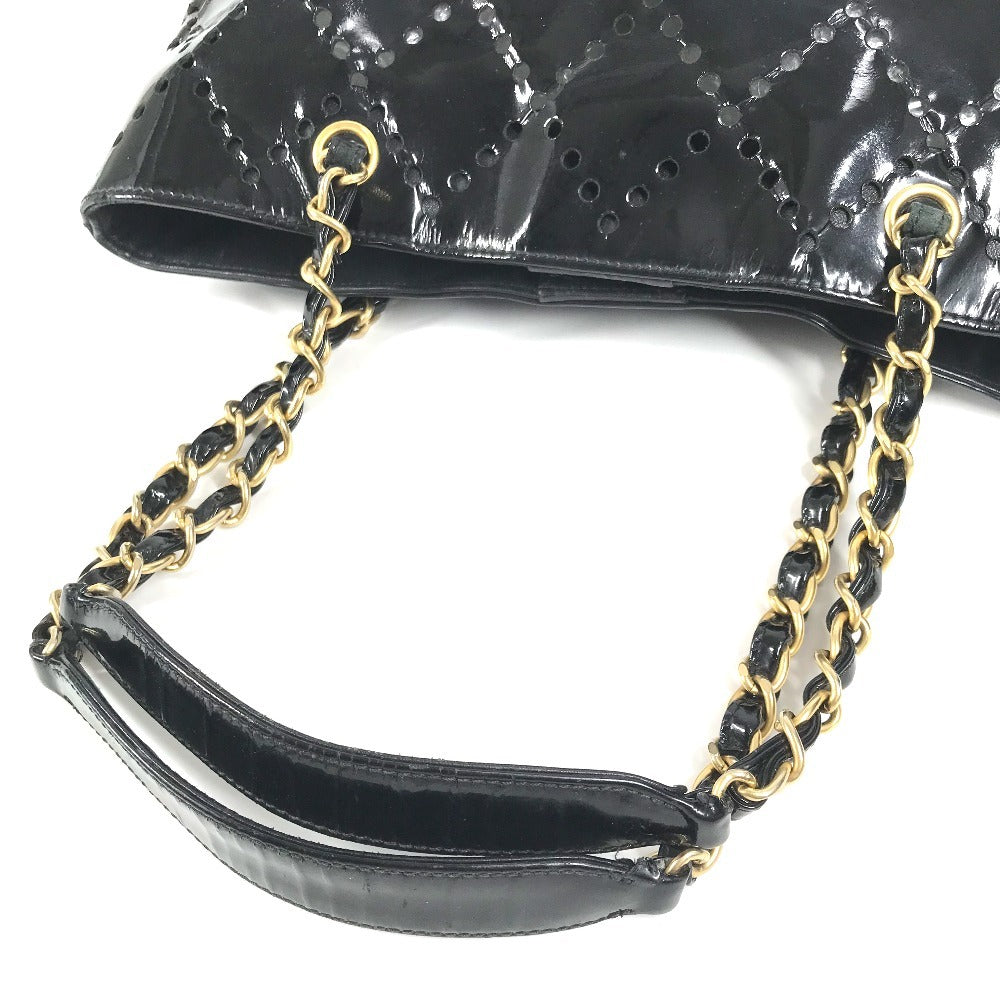CHANEL チェーンバッグ CC ロゴ キルティング ココマーク パンチング トートバッグ カバン 肩掛け Wチェーン ショルダーバッグ エナメル ユニセックス ブラック