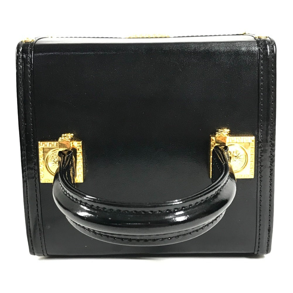 VERSACE ヴィンテージ サンバースト ロゴ バニティバッグ カバン バニティ フラップ ミラー付き ボックスバッグ ハンドバッグ レザー ユニセックス ブラック