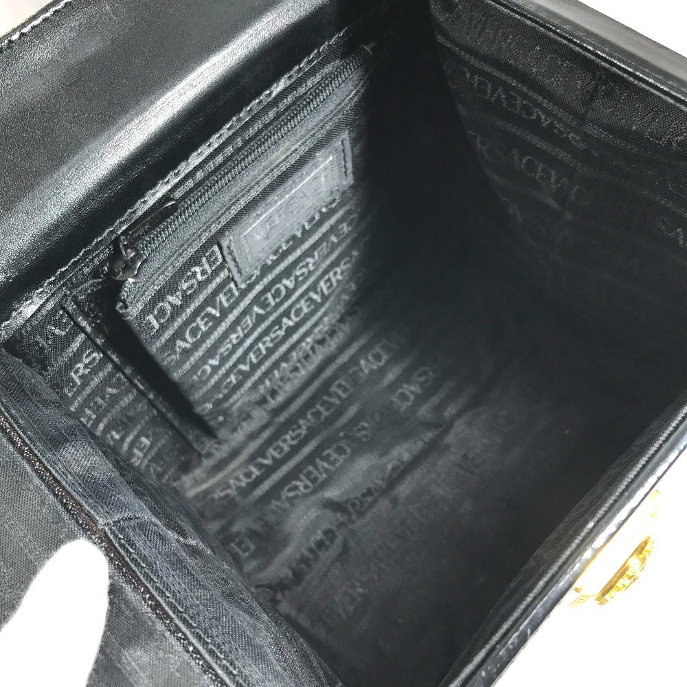 VERSACE ヴィンテージ サンバースト ロゴ バニティバッグ カバン バニティ フラップ ミラー付き ボックスバッグ ハンドバッグ レザー ユニセックス ブラック