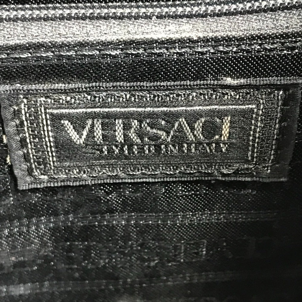 VERSACE ヴィンテージ サンバースト ロゴ バニティバッグ カバン バニティ フラップ ミラー付き ボックスバッグ ハンドバッグ レザー ユニセックス ブラック