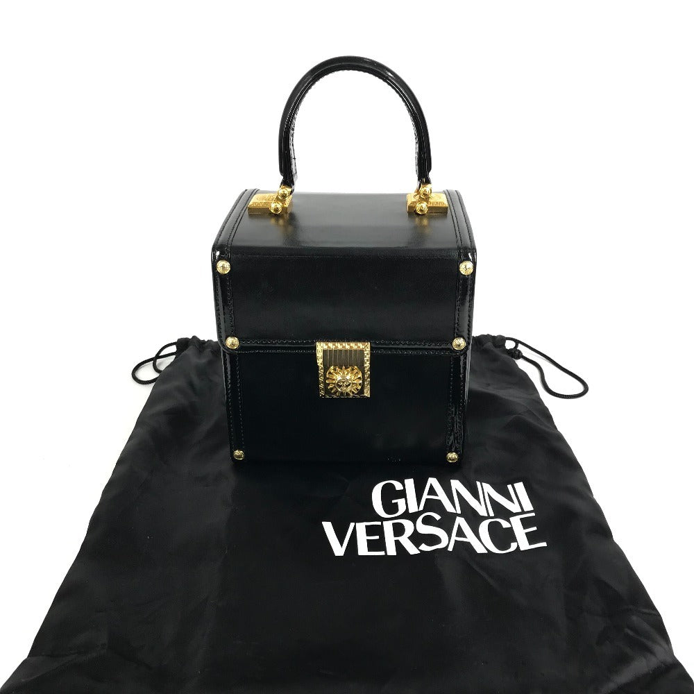VERSACE ヴィンテージ サンバースト ロゴ バニティバッグ カバン バニティ フラップ ミラー付き ボックスバッグ ハンドバッグ レザー ユニセックス ブラック