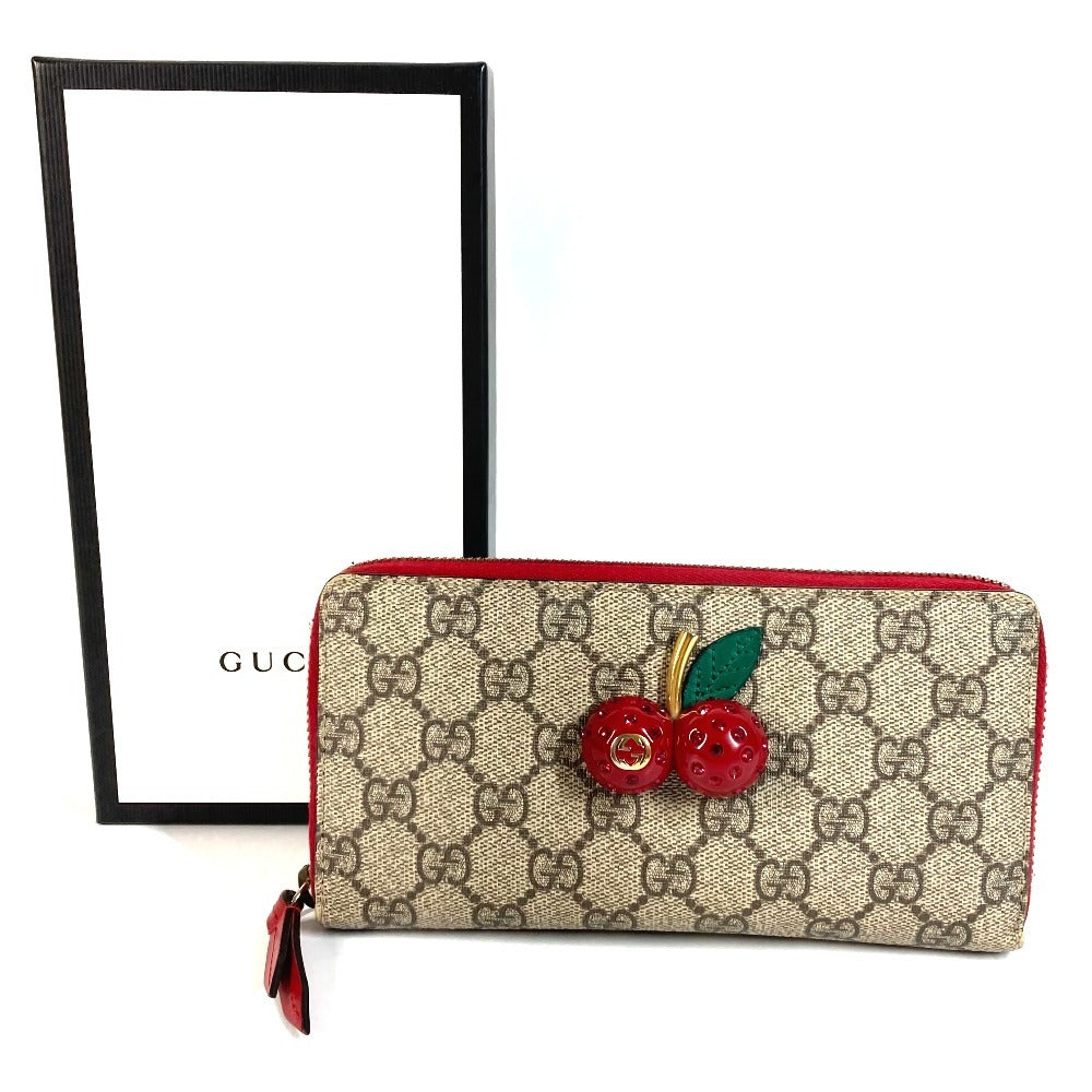 GUCCI 476049 GGスプリーム GG ロゴ チェリー サクランボ ラインストーン ラウンドファスナー ロングウォレット 長財布 GGスプリームキャンバス ユニセックス レッド