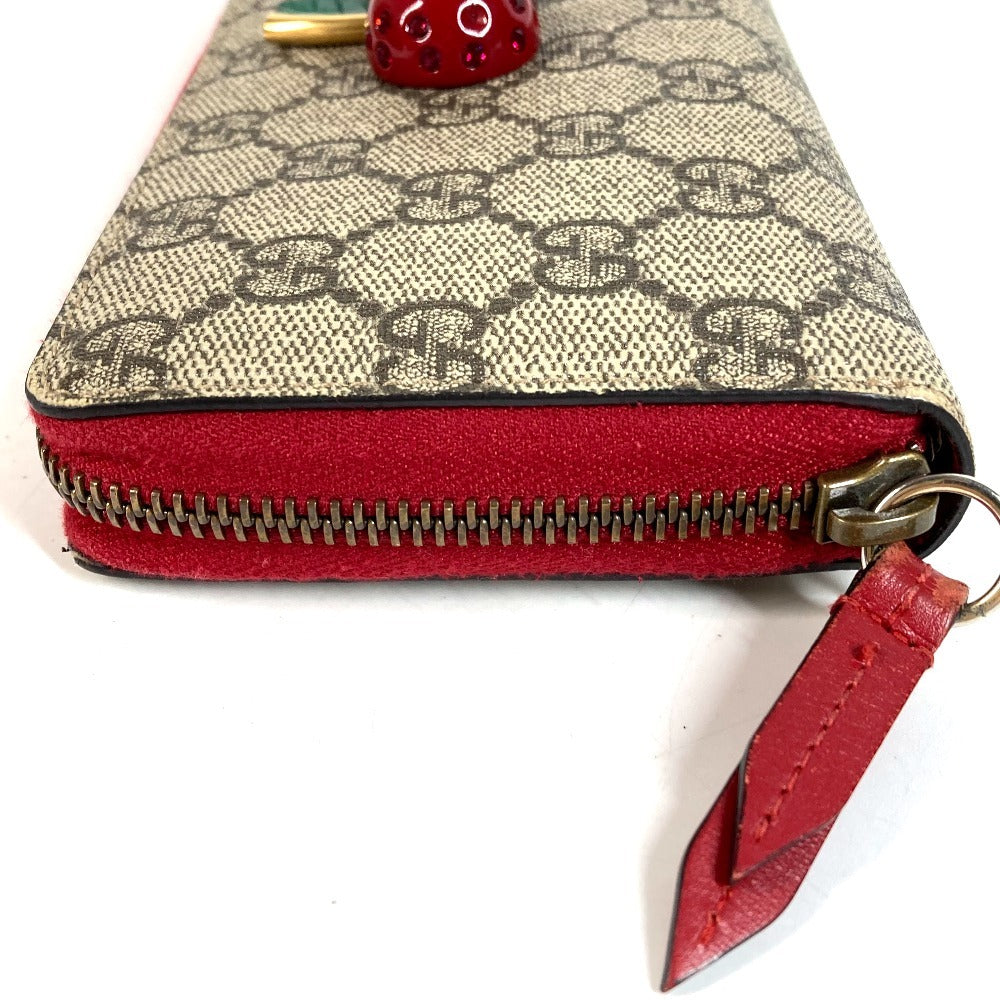 GUCCI 476049 GGスプリーム GG ロゴ チェリー サクランボ ラインストーン ラウンドファスナー ロングウォレット 長財布 GGスプリームキャンバス ユニセックス レッド