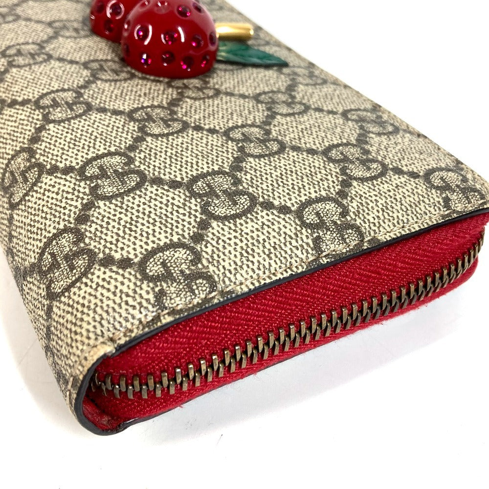 GUCCI 476049 GGスプリーム GG ロゴ チェリー サクランボ ラインストーン ラウンドファスナー ロングウォレット 長財布 GGスプリームキャンバス ユニセックス レッド