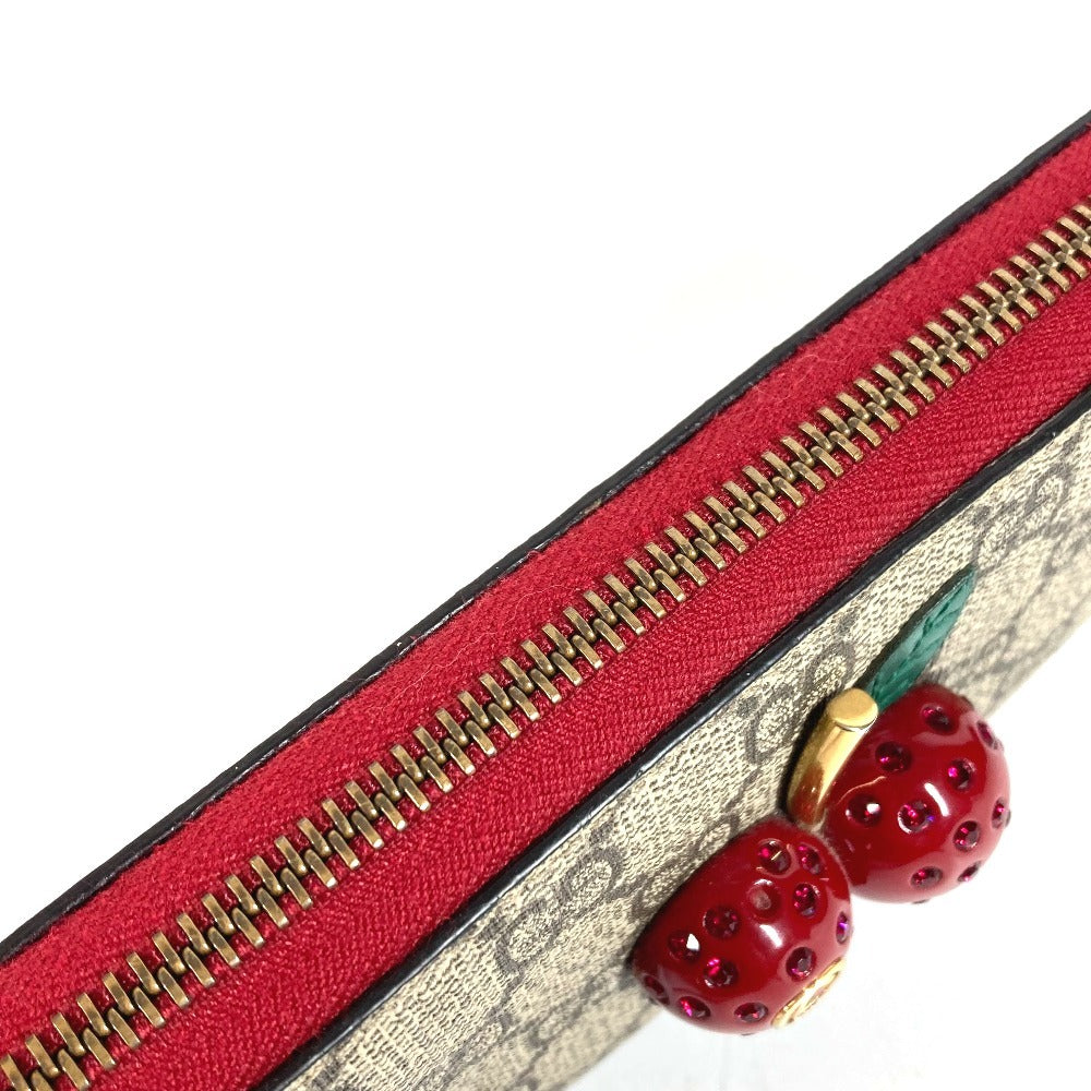 GUCCI 476049 GGスプリーム GG ロゴ チェリー サクランボ ラインストーン ラウンドファスナー ロングウォレット 長財布 GGスプリームキャンバス ユニセックス レッド