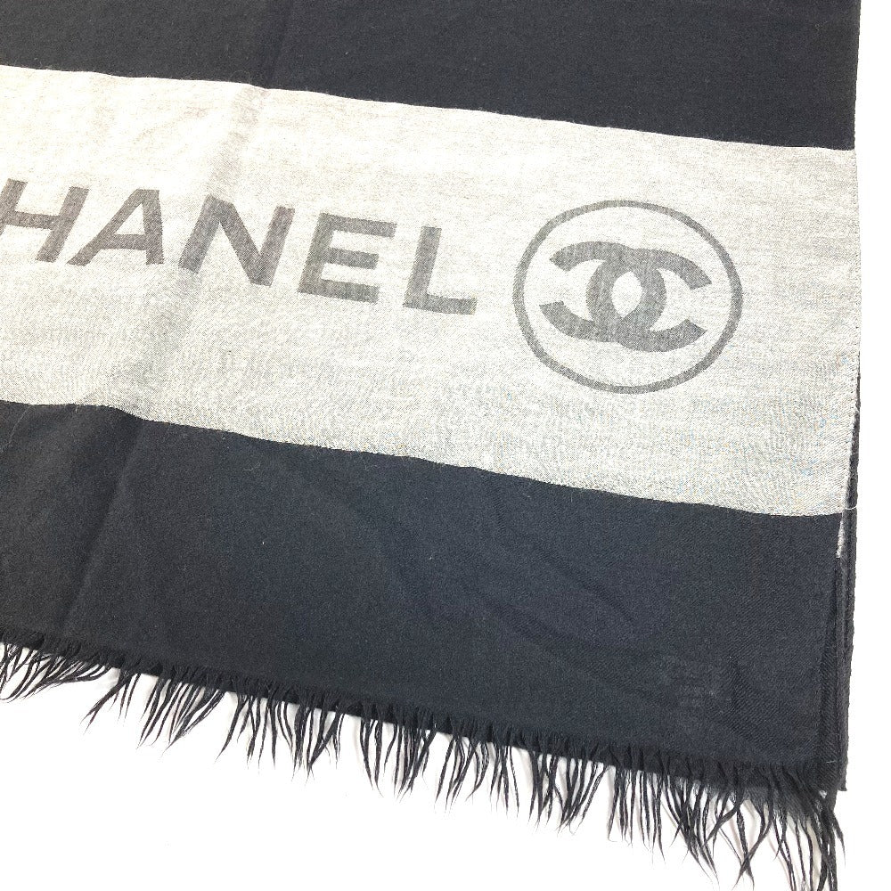 CHANEL Bicolor Logo Fringe Muffler Shawl Large Stole Cashmere Unisex Black