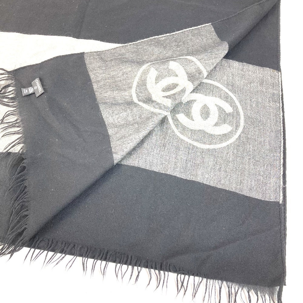CHANEL Bicolor Logo Fringe Muffler Shawl Large Stole Cashmere Unisex Black