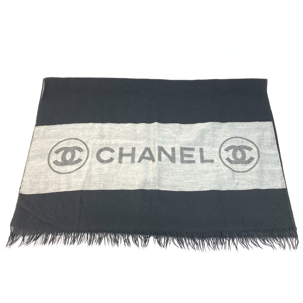 CHANEL Bicolor Logo Fringe Muffler Shawl Large Stole Cashmere Unisex Black