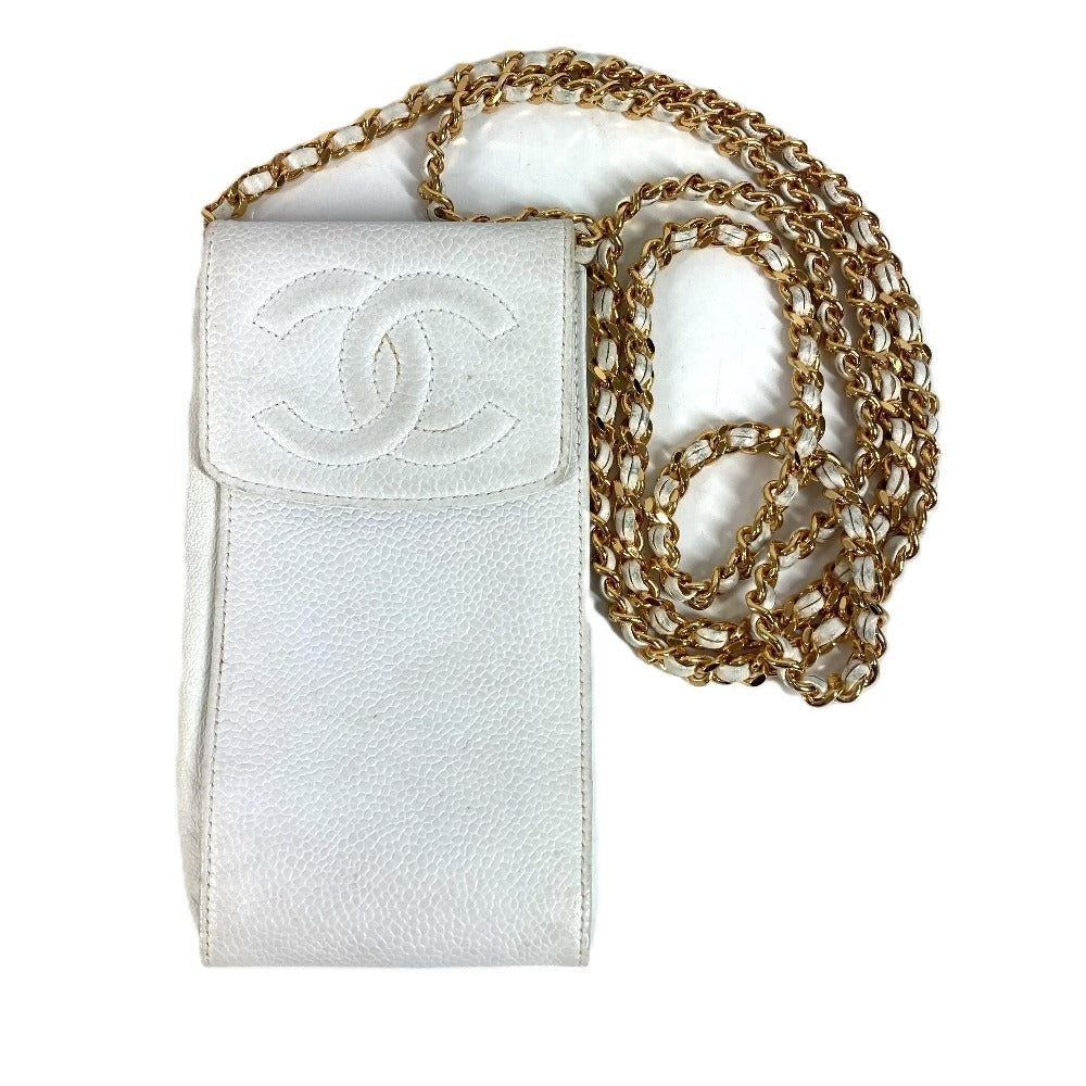 CHANEL วินเทจ CC โคโค่มาร์ค โลโก้ โซ่ สะพายข้าง กระเป๋าครอสบอดี้ มีฝาปิด ใส่โทรศัพท์ได้ กระเป๋าสะพายหนังคาเวียร์ ยูนิเซ็กส์ สีขาว