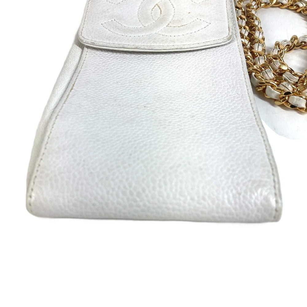 CHANEL วินเทจ CC โคโค่มาร์ค โลโก้ โซ่ สะพายข้าง กระเป๋าครอสบอดี้ มีฝาปิด ใส่โทรศัพท์ได้ กระเป๋าสะพายหนังคาเวียร์ ยูนิเซ็กส์ สีขาว