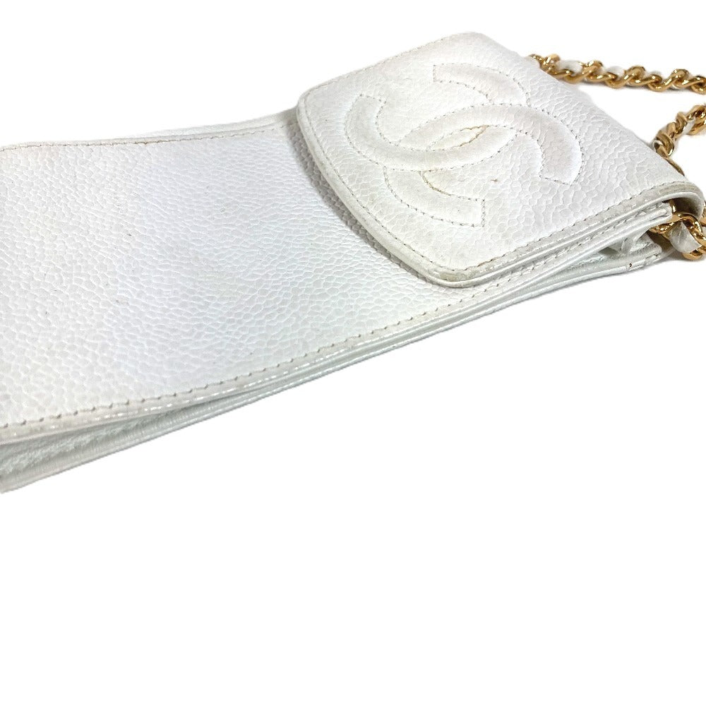 CHANEL วินเทจ CC โคโค่มาร์ค โลโก้ โซ่ สะพายข้าง กระเป๋าครอสบอดี้ มีฝาปิด ใส่โทรศัพท์ได้ กระเป๋าสะพายหนังคาเวียร์ ยูนิเซ็กส์ สีขาว