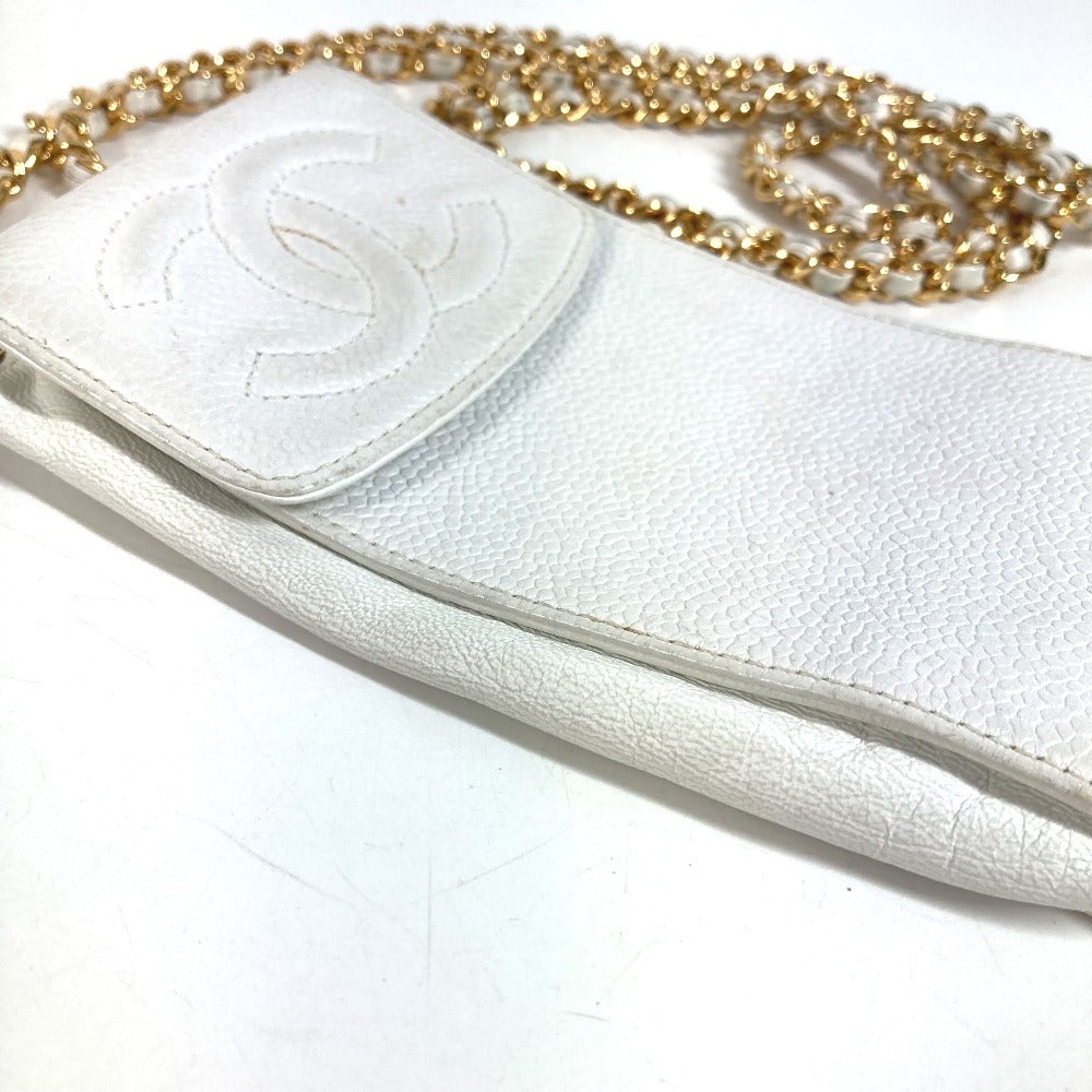 CHANEL วินเทจ CC โคโค่มาร์ค โลโก้ โซ่ สะพายข้าง กระเป๋าครอสบอดี้ มีฝาปิด ใส่โทรศัพท์ได้ กระเป๋าสะพายหนังคาเวียร์ ยูนิเซ็กส์ สีขาว