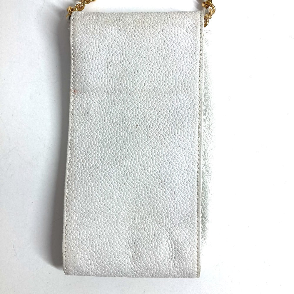 CHANEL วินเทจ CC โคโค่มาร์ค โลโก้ โซ่ สะพายข้าง กระเป๋าครอสบอดี้ มีฝาปิด ใส่โทรศัพท์ได้ กระเป๋าสะพายหนังคาเวียร์ ยูนิเซ็กส์ สีขาว