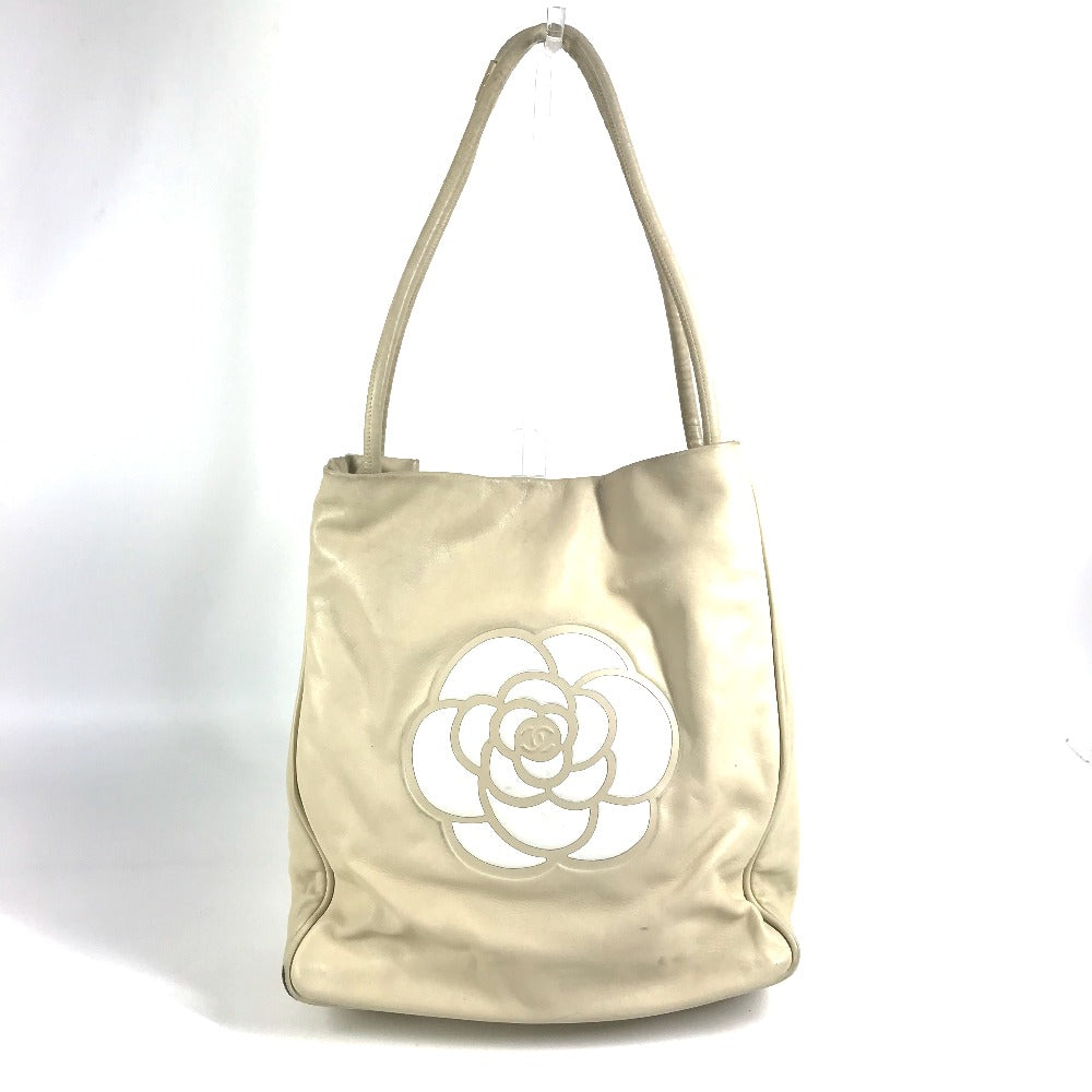CHANEL Camellia Logo Bag Tote Bag Shoulder Bag Leather Unisex Beige