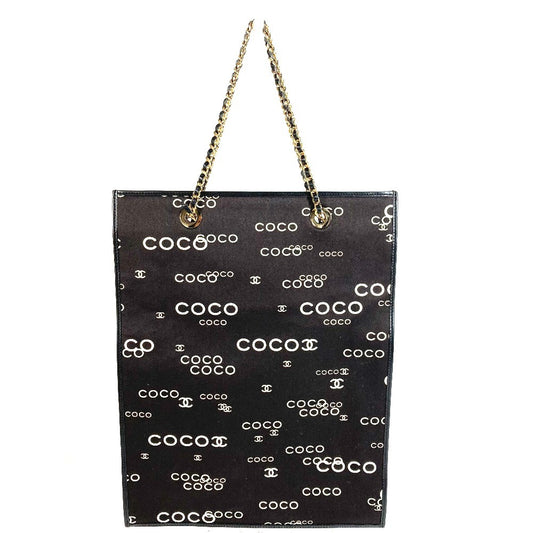 CHANEL ヴィンテージ CC ココマーク ロゴ フラットショッパー カバン チェーンバッグ 肩掛け トートバッグ Wチェーン ショルダーバッグ レザー/キャンバス ユニセックス ブラック